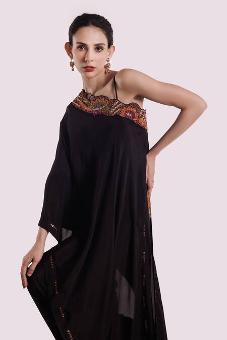 Shop Onaya Black Silk Sequins, Embroidery Asymmetric Kaftan And Pant Set Online at Aza Fashions Shop_Onaya_Black Silk Sequins, Embroidery Asymmetric Kaftan And Pant Set _Online_at_Aza_Fashions