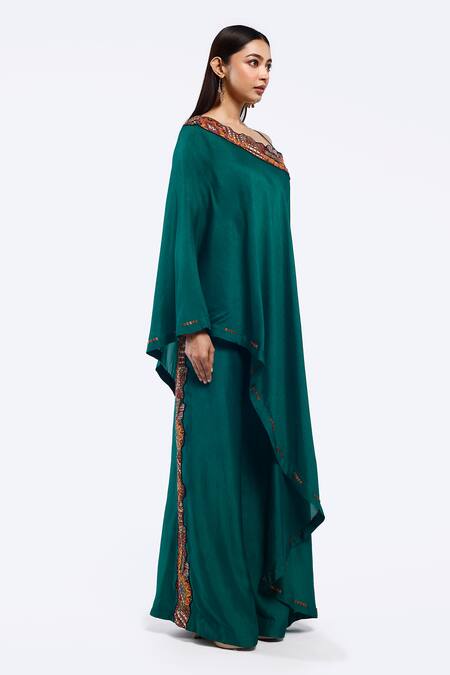 Onaya Green Silk Embroidery, Sequins Asymmetric Kaftan And Pant Set Online at Aza Fashions Onaya_Green Silk Embroidery, Sequins Asymmetric Kaftan And Pant Set _Online_at_Aza_Fashions