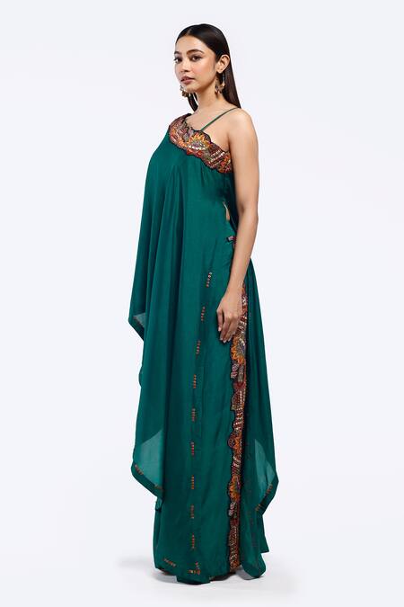 Shop Onaya Green Silk Embroidery, Sequins Asymmetric Kaftan And Pant Set Online at Aza Fashions Shop_Onaya_Green Silk Embroidery, Sequins Asymmetric Kaftan And Pant Set _Online_at_Aza_Fashions