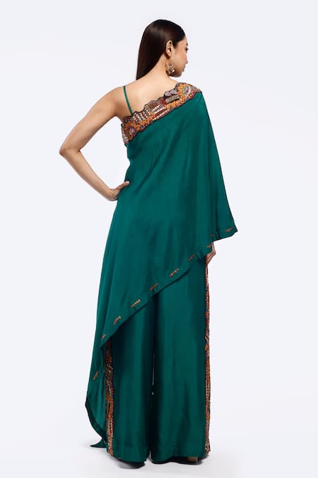 Shop Onaya Green Silk Embroidery, Sequins Asymmetric Kaftan And Pant Set at Aza Fashions Shop_Onaya_Green Silk Embroidery, Sequins Asymmetric Kaftan And Pant Set _at_Aza_Fashions