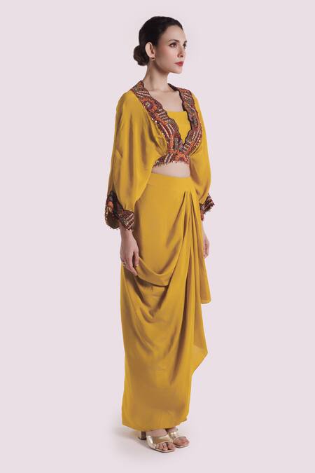 Buy Onaya Yellow Silk Sequins, Embroidery Round Neck, Kurta Set Online at Aza Fashions Buy_Onaya_Yellow Silk Sequins, Embroidery Round Neck, Kurta Set _Online_at_Aza_Fashions