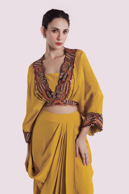 Shop Onaya Yellow Silk Sequins, Embroidery Round Neck, Kurta Set Online at Aza Fashions Shop_Onaya_Yellow Silk Sequins, Embroidery Round Neck, Kurta Set _Online_at_Aza_Fashions