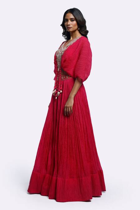 Onaya_Pink Georgette Sequins, Beads V-neck Embroidered Kurta Set _Online_at_Aza_Fashions