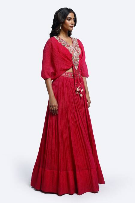 Buy_Onaya_Pink Georgette Sequins, Beads V-neck Embroidered Kurta Set _Online_at_Aza_Fashions