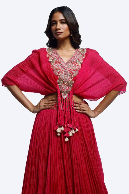 Shop_Onaya_Pink Georgette Sequins, Beads V-neck Embroidered Kurta Set _Online_at_Aza_Fashions
