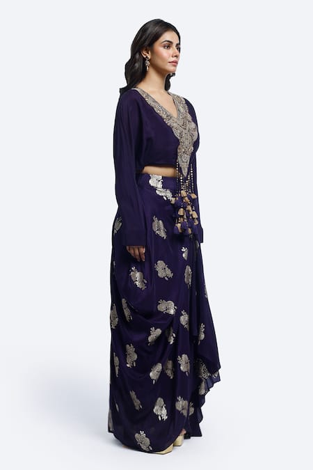Onaya_Purple Silk Sequins, Beads V-neck Embroidered Kurta And Skirt Set_Online_at_Aza_Fashions