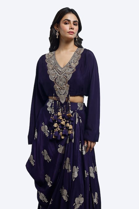 Shop_Onaya_Purple Silk Sequins, Beads V-neck Embroidered Kurta And Skirt Set_Online_at_Aza_Fashions