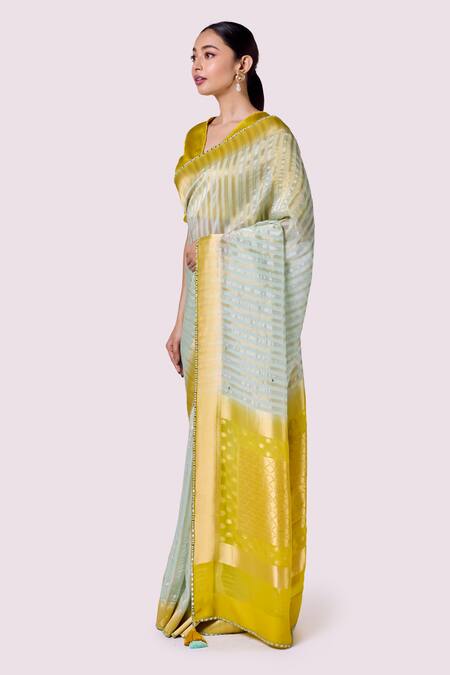 Onaya_Blue Organza Tassels, Embroidery V-neck And Yellow Saree Set_Online_at_Aza_Fashions