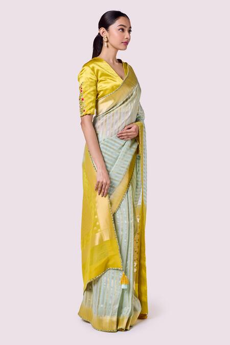 Buy_Onaya_Blue Organza Tassels, Embroidery V-neck And Yellow Saree Set_Online_at_Aza_Fashions