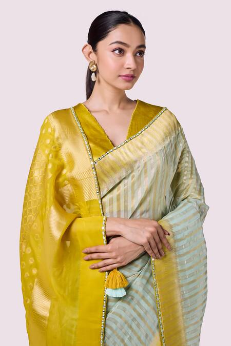 Shop_Onaya_Blue Organza Tassels, Embroidery V-neck And Yellow Saree Set_Online_at_Aza_Fashions