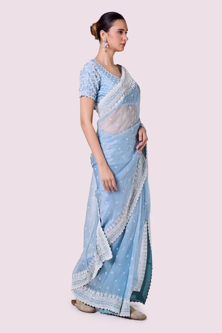 Onaya_Blue Organza Embroidery Round Neck Moti Work Saree Set _Online_at_Aza_Fashions