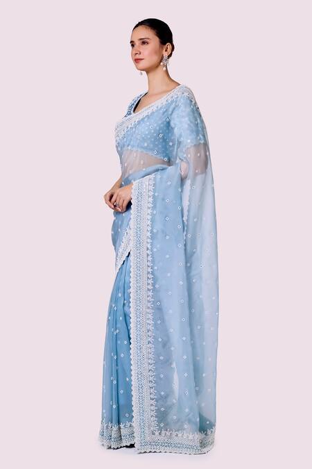Buy_Onaya_Blue Organza Embroidery Round Neck Moti Work Saree Set _Online_at_Aza_Fashions