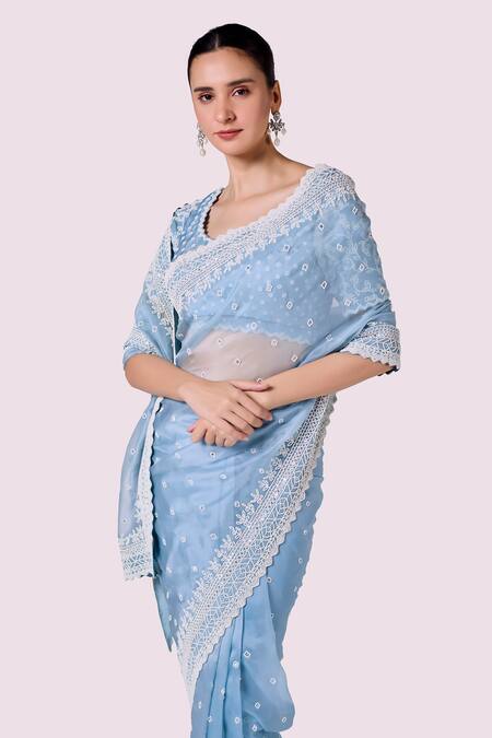 Shop_Onaya_Blue Organza Embroidery Round Neck Moti Work Saree Set _Online_at_Aza_Fashions