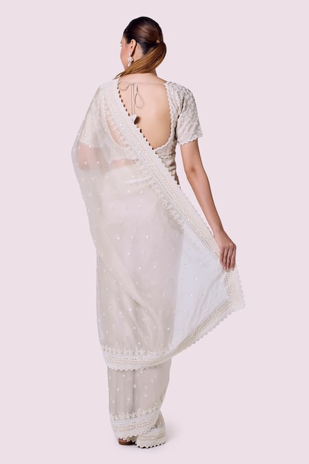Shop_Onaya_Ivory Organza Embroidery, Metallic Thread Round Neck Moti Work Saree Set _at_Aza_Fashions