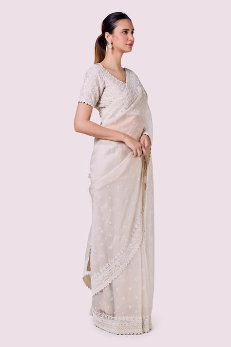 Onaya_Ivory Organza Embroidery, Metallic Thread Round Neck Moti Work Saree Set _Online_at_Aza_Fashions