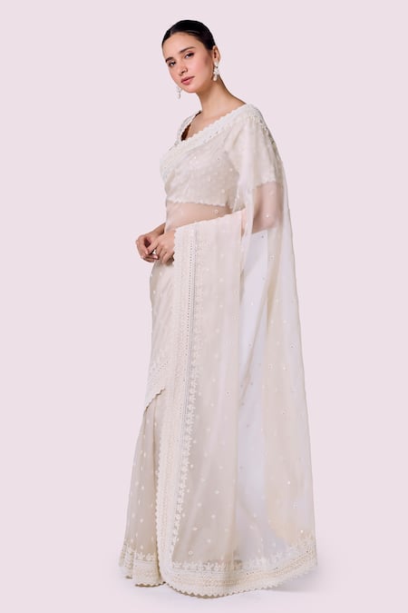 Buy_Onaya_Ivory Organza Embroidery, Metallic Thread Round Neck Moti Work Saree Set _Online_at_Aza_Fashions