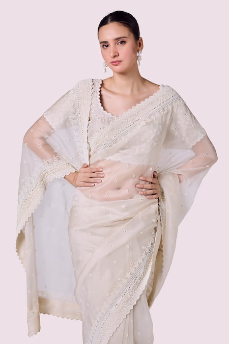 Shop_Onaya_Ivory Organza Embroidery, Metallic Thread Round Neck Moti Work Saree Set _Online_at_Aza_Fashions