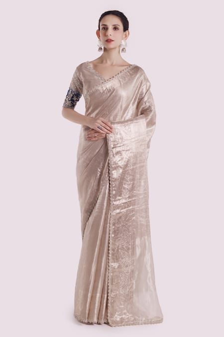 Onaya Silver Tissue Cut Work V-neck Embellished Saree With Blouse Online at Aza Fashions Onaya_Silver Tissue Cut Work V-neck Embellished Saree With Blouse _Online_at_Aza_Fashions