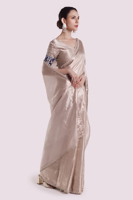 Buy Onaya Silver Tissue Cut Work V-neck Embellished Saree With Blouse Online at Aza Fashions Buy_Onaya_Silver Tissue Cut Work V-neck Embellished Saree With Blouse _Online_at_Aza_Fashions