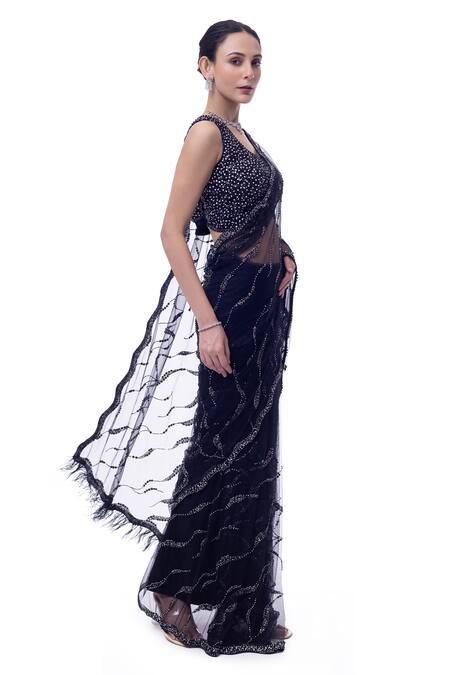 Onaya Black Net Embroidery, Cut Work V-neck Cutdana Saree Set Online at Aza Fashions Onaya_Black Net Embroidery, Cut Work V-neck Cutdana Saree Set _Online_at_Aza_Fashions