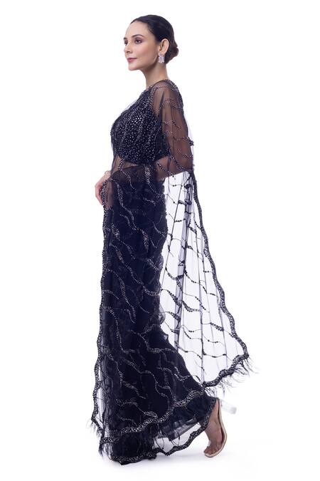 Buy Onaya Black Net Embroidery, Cut Work V-neck Cutdana Saree Set Online at Aza Fashions Buy_Onaya_Black Net Embroidery, Cut Work V-neck Cutdana Saree Set _Online_at_Aza_Fashions
