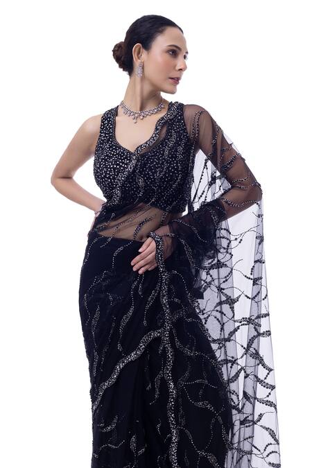 Shop Onaya Black Net Embroidery, Cut Work V-neck Cutdana Saree Set Online at Aza Fashions Shop_Onaya_Black Net Embroidery, Cut Work V-neck Cutdana Saree Set _Online_at_Aza_Fashions