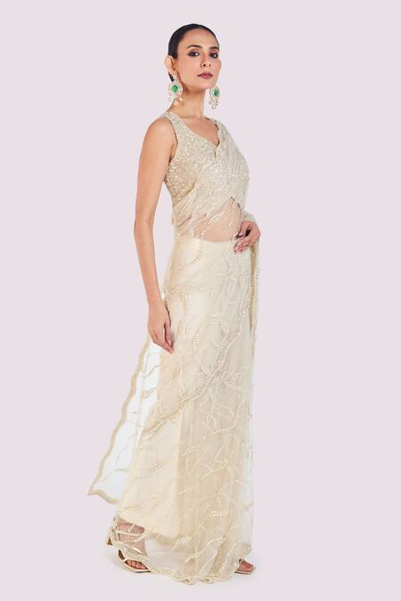 Onaya_Ivory Net Embroidery, Cut Work V-neck Cutdana Saree Set _Online_at_Aza_Fashions