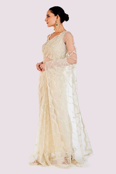 Buy_Onaya_Ivory Net Embroidery, Cut Work V-neck Cutdana Saree Set _Online_at_Aza_Fashions