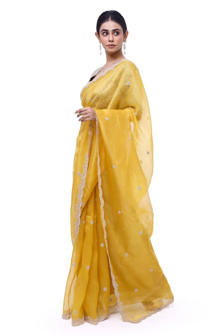 Onaya_Yellow Organza Embroidery, Cut Work Round Neck Saree And Blouse Set _Online_at_Aza_Fashions