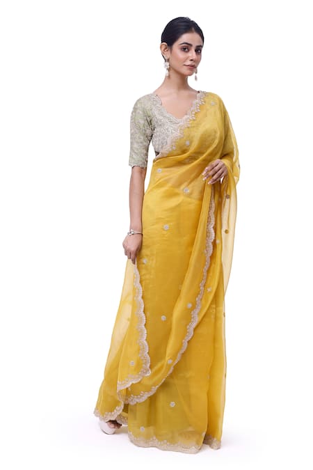 Buy_Onaya_Yellow Organza Embroidery, Cut Work Round Neck Saree And Blouse Set _Online_at_Aza_Fashions