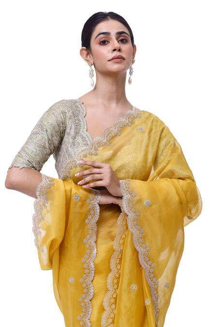 Shop_Onaya_Yellow Organza Embroidery, Cut Work Round Neck Saree And Blouse Set _Online_at_Aza_Fashions