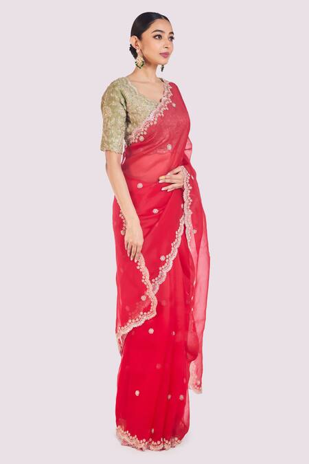 Onaya Red Organza Embroidery, Sequins, Cut Work, Diamonds Round Neck Saree Set Online at Aza Fashions Onaya_Red Organza Embroidery, Sequins, Cut Work, Diamonds Round Neck Saree Set _Online_at_Aza_Fashions