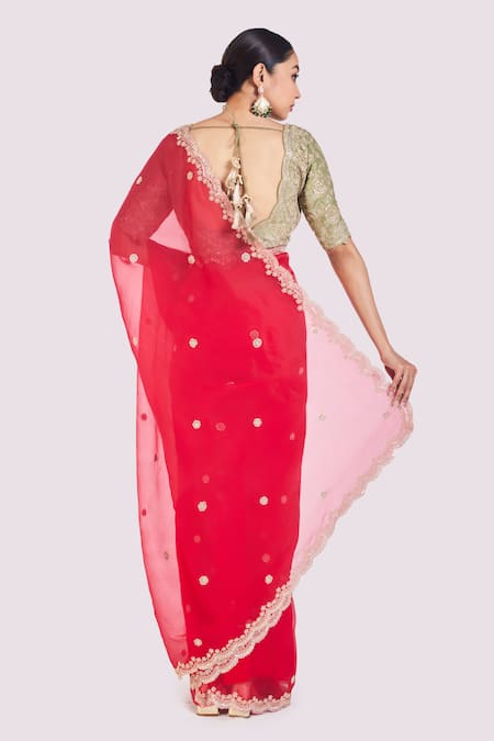 Shop Onaya Red Organza Embroidery, Sequins, Cut Work, Diamonds Round Neck Saree Set at Aza Fashions Shop_Onaya_Red Organza Embroidery, Sequins, Cut Work, Diamonds Round Neck Saree Set _at_Aza_Fashions