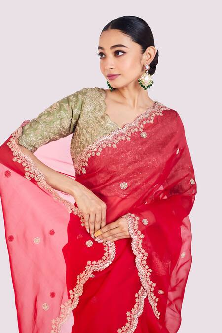 Shop Onaya Red Organza Embroidery, Sequins, Cut Work, Diamonds Round Neck Saree Set Online at Aza Fashions Shop_Onaya_Red Organza Embroidery, Sequins, Cut Work, Diamonds Round Neck Saree Set _Online_at_Aza_Fashions