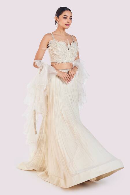 Onaya Off White Georgette Sequins, Feathers, Pearls Round Neck Fusion Lehenga Set Online at Aza Fashions Onaya_Off White Georgette Sequins, Feathers, Pearls Round Neck Fusion Lehenga Set _Online_at_Aza_Fashions