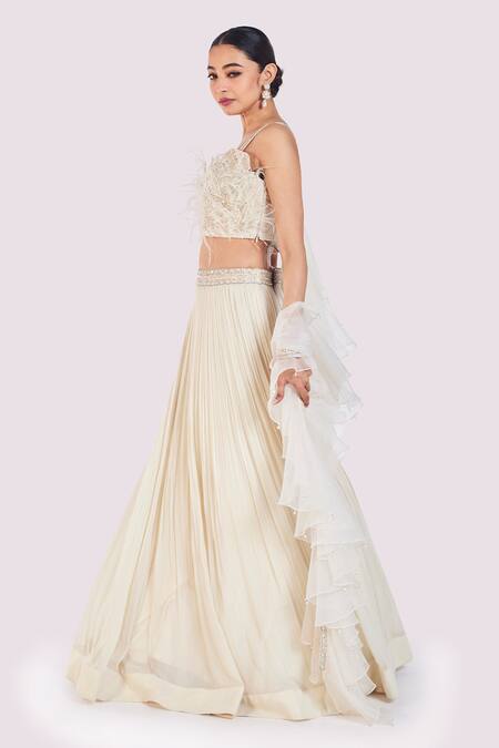 Buy Onaya Off White Georgette Sequins, Feathers, Pearls Round Neck Fusion Lehenga Set Online at Aza Fashions Buy_Onaya_Off White Georgette Sequins, Feathers, Pearls Round Neck Fusion Lehenga Set _Online_at_Aza_Fashions