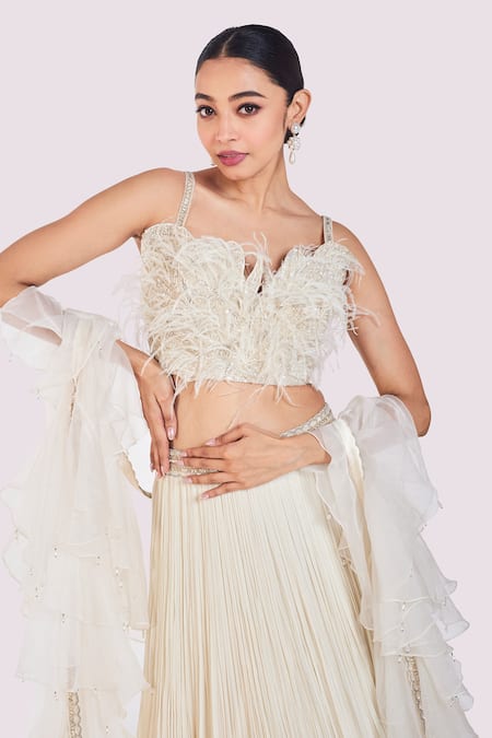 Shop Onaya Off White Georgette Sequins, Feathers, Pearls Round Neck Fusion Lehenga Set Online at Aza Fashions Shop_Onaya_Off White Georgette Sequins, Feathers, Pearls Round Neck Fusion Lehenga Set _Online_at_Aza_Fashions