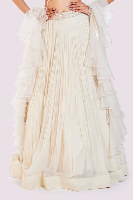 Onaya Off White Georgette Sequins, Feathers, Pearls Round Neck Fusion Lehenga Set at Aza Fashions Onaya_Off White Georgette Sequins, Feathers, Pearls Round Neck Fusion Lehenga Set _at_Aza_Fashions