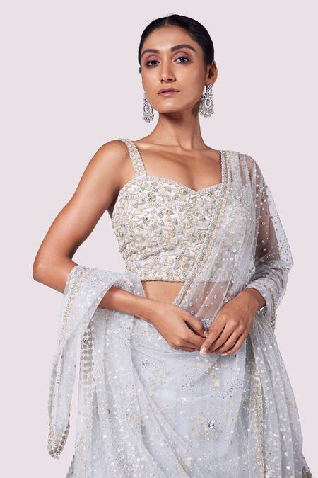 Buy Onaya Blue Net Cut Work, Sequins Sweetheart Neck Classic Embroidered Lehenga Set Online at Aza Fashions Buy_Onaya_Blue Net Cut Work, Sequins Sweetheart Neck Classic Embroidered Lehenga Set _Online_at_Aza_Fashions