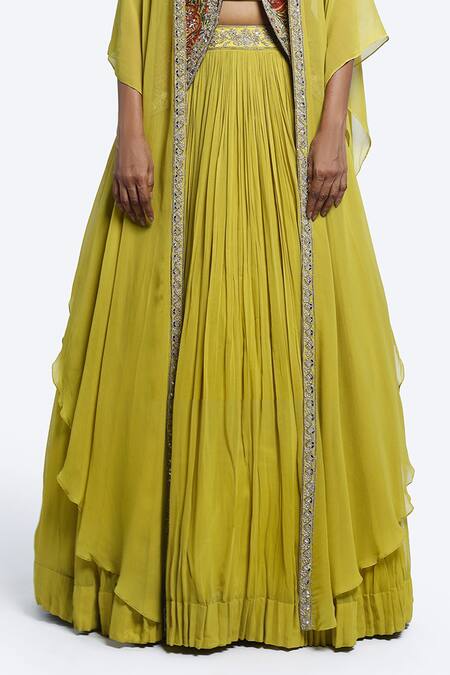 Onaya_Green Georgette Embroidery, Sequins, Pearls, Mirrors Open Fusion Lehenga Set_Online_at_Aza_Fashions