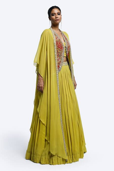 Buy_Onaya_Green Georgette Embroidery, Sequins, Pearls, Mirrors Open Fusion Lehenga Set_Online_at_Aza_Fashions