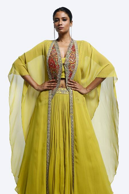 Shop_Onaya_Green Georgette Embroidery, Sequins, Pearls, Mirrors Open Fusion Lehenga Set_Online_at_Aza_Fashions