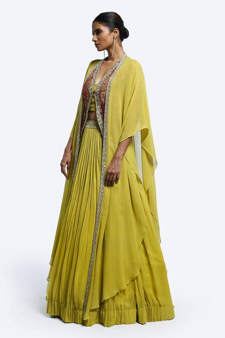 Onaya_Green Georgette Embroidery, Sequins, Pearls, Mirrors Open Fusion Lehenga Set_at_Aza_Fashions