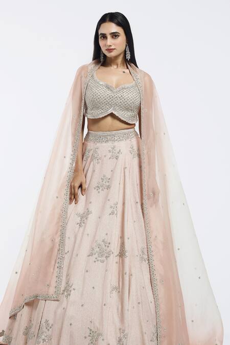 Buy_Onaya_Peach Georgette Embroidery, Sequins Round Neck Lehenga Set_Online_at_Aza_Fashions