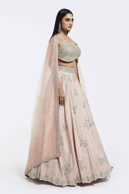 Shop_Onaya_Peach Georgette Embroidery, Sequins Round Neck Lehenga Set_Online_at_Aza_Fashions