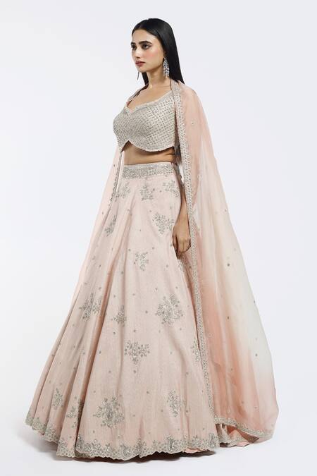 Onaya_Peach Georgette Embroidery, Sequins Round Neck Lehenga Set_at_Aza_Fashions