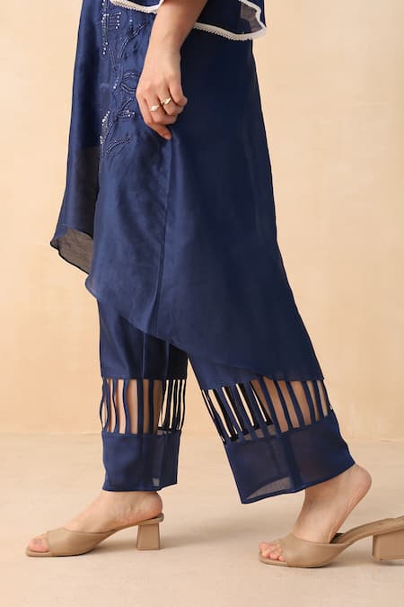 Midori By Sgv_Navy Cotton, Silk, Chanderi Embroidery Mandarin Blue Negative Spacing Kurta Set _Online_at_Aza_Fashions