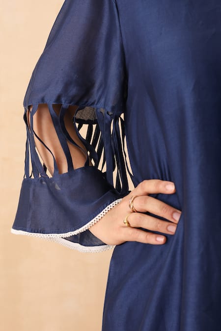 Buy_Midori By Sgv_Navy Cotton, Silk, Chanderi Embroidery Mandarin Blue Negative Spacing Kurta Set _Online_at_Aza_Fashions