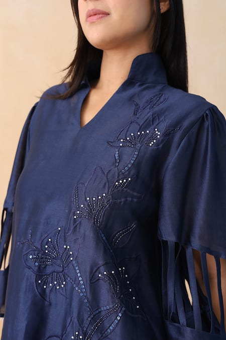 Shop_Midori By Sgv_Navy Cotton, Silk, Chanderi Embroidery Mandarin Blue Negative Spacing Kurta Set _Online_at_Aza_Fashions