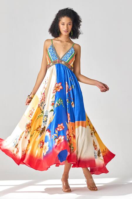 Verb By Pallavi Singhee_Multi Color Satin Embroidery V-neck Maxi Dress _Online_at_Aza_Fashions